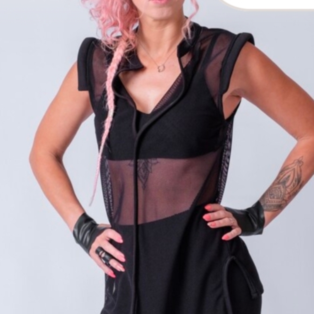 Black Mesh Sleeveless Sheer Asymmetric Top Gothic Fishnet Cyberpunk Vest, L/XL